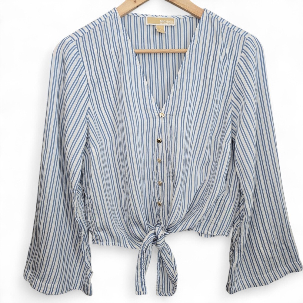 Michael Kors Top Womens Small Blue Striped Semi Sheer Crop Waist Tie Long Sleeve